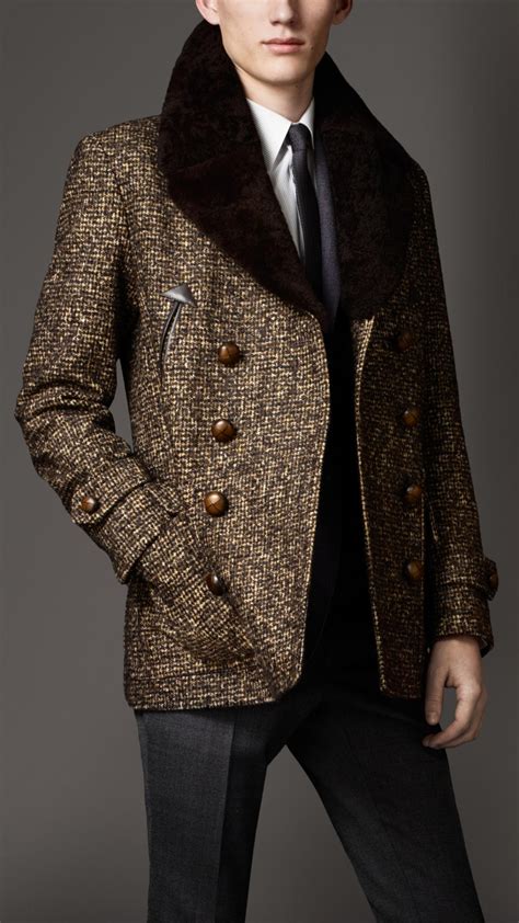 burberry detachable shearling collar wool pea coat|burberry check wool coats.